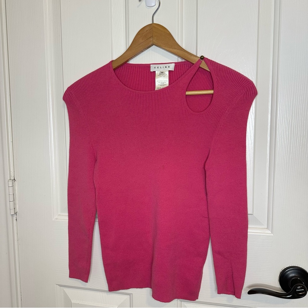 Y2K Celine Hot Pink Ribbed Cutout 3/4 Sleeve Top Sz M *Flawed*  Barbiecore Glam - Picture 2 of 10